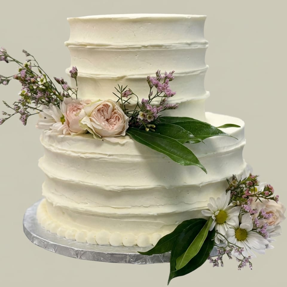 Three-tier white wedding cake decorated with textured frosting, pastel roses, daisies, purple flowers, and green leaves.