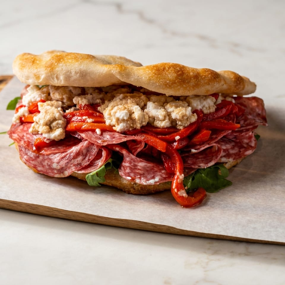 Loaded Italian-style sandwich with salami, roasted red peppers, greens, and crumbly cheese on a wooden serving board.