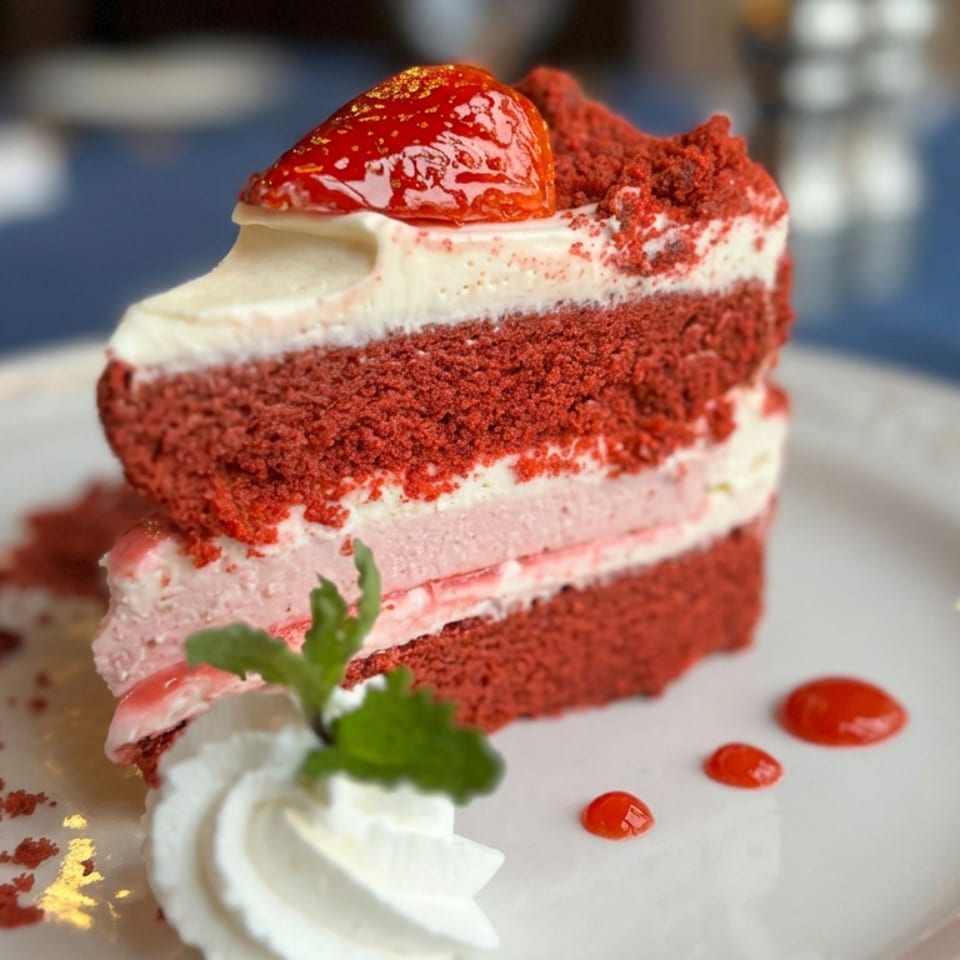 Slice of red velvet cake layered with cream and pink filling, topped with strawberry, crumbs, whipped cream, and mint garnish.