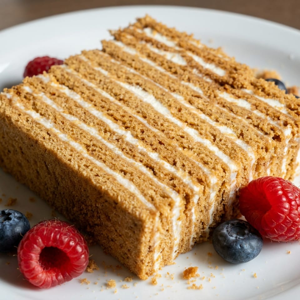 Slice of crumb-coated layered cake with white cream filling, raspberries, and blueberries on a white plate.