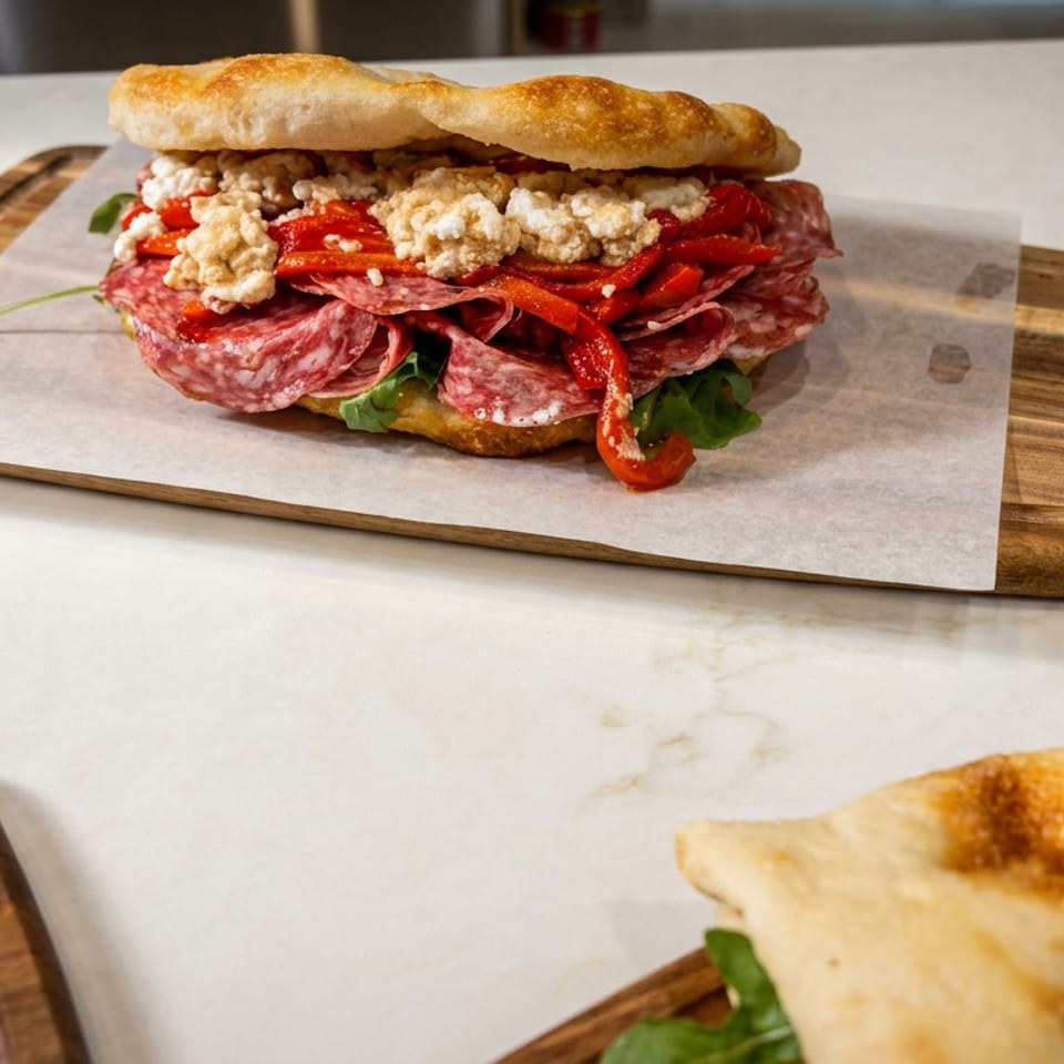 Gourmet sandwich layered with salami, roasted red peppers, greens, and creamy cheese on a wooden serving board.