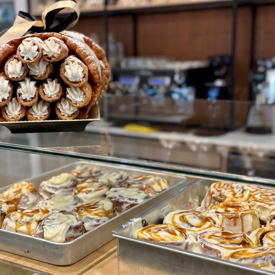 Bakery display case featuring frosted caramel cinnamon rolls and a tray of mini cream-filled cannoli.