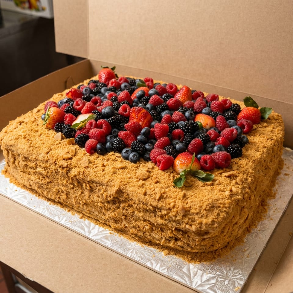Large rectangular crumb-coated cake topped with raspberries, blueberries, blackberries, and strawberries in an open cardboard bakery box.
