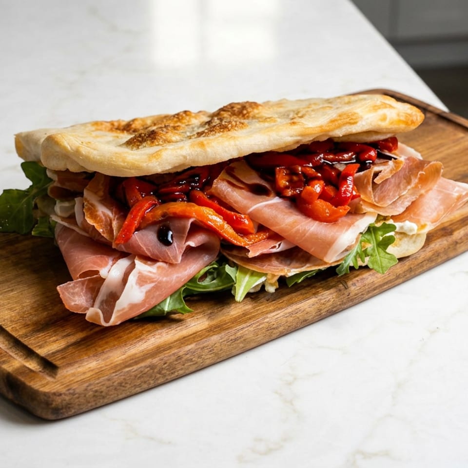 Grilled flatbread sandwich layered with prosciutto, roasted red peppers, leafy greens, and creamy cheese on a wooden serving board.