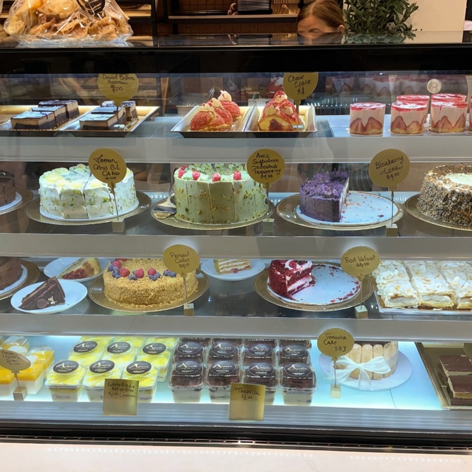 Amici Deli & Bakery display case filled with cakes, cupcakes, cheesecakes, pastries, puddings, and dessert bars.